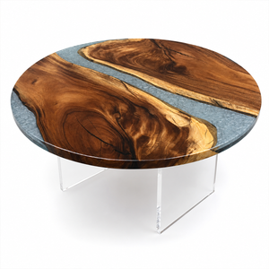 Walnut Glacier Crackle Textured Epoxy Resin Round Coffee Table