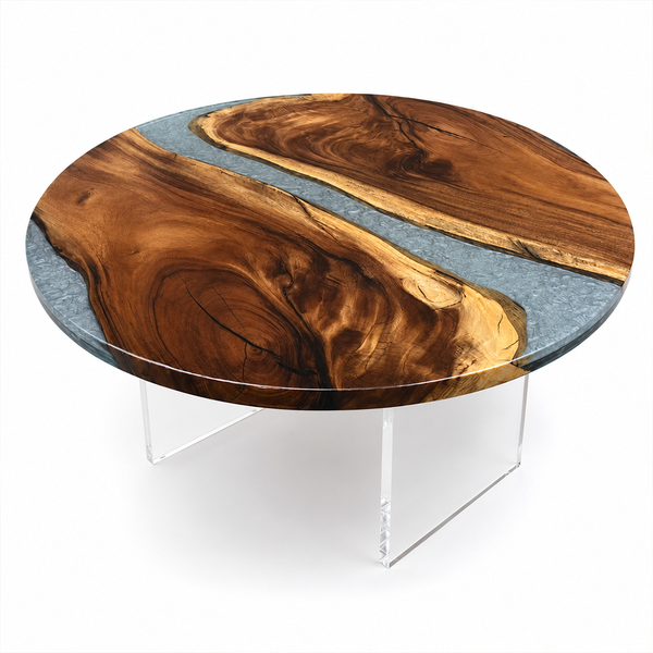 Walnut Glacier Crackle Textured Epoxy Resin Round Coffee Table