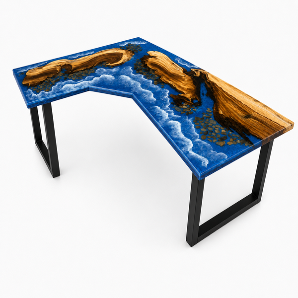 Walnut Ocean Wave L-Shaped Epoxy Resin Desk