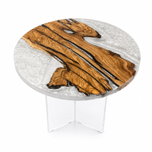 Olive Wood Crystal Tundra Textured Round Epoxy Resin Side Table