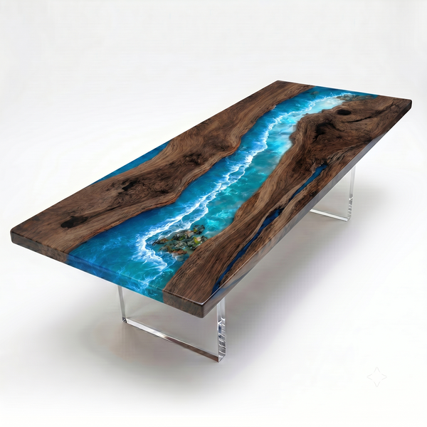 Black Walnut Coastal Island Blue Wave Epoxy Resin Dining Table