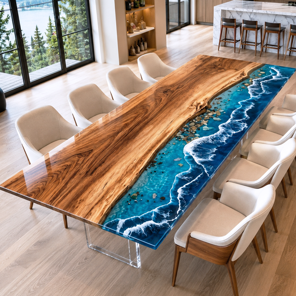Walnut Island Beachfront Epoxy Resin Dining Table