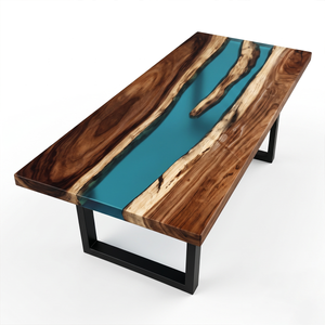 Walnut Wood Blue River Transparent Epoxy Resin Dining Table