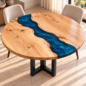 Angled view of the round ash and blue epoxy table with the foreground clear.