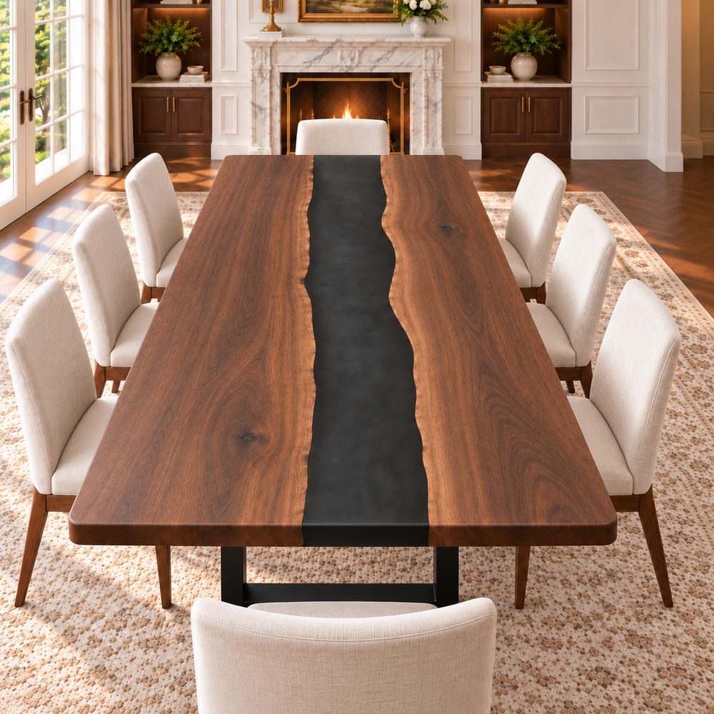 Black walnut table with a black epoxy river, shown with eight chairs in a bright dining room.