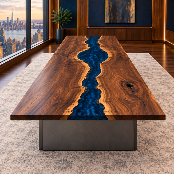 Front view of the Bluehaven rectangular black walnut conference table with blue epoxy.