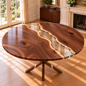 Unobstructed angled view of the complete Clearbrook walnut and clear epoxy dining table.