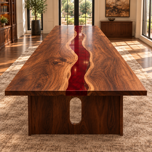 Front view of the Crimsonbend rectangular black walnut conference table with red epoxy.