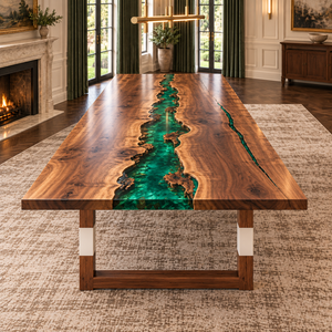 Front view of the Emeraldjunction rectangular black walnut conference table with green epoxy.