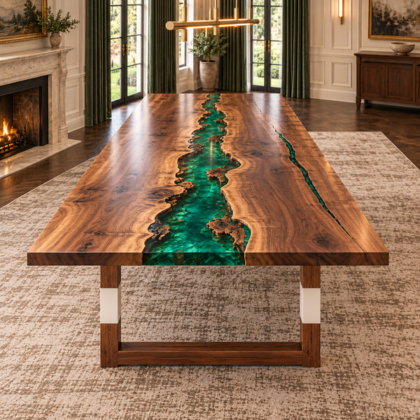 Front view of the Emeraldjunction rectangular black walnut conference table with green epoxy.