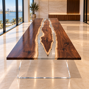 Front view of the Glassmeadow rectangular black walnut conference table with clear epoxy.