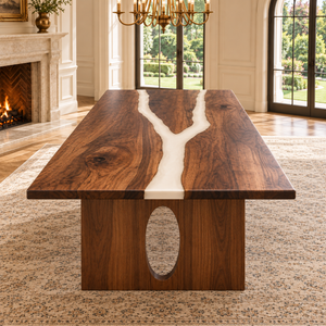 Front view of the Ivorybranch rectangular walnut dining table with white epoxy.