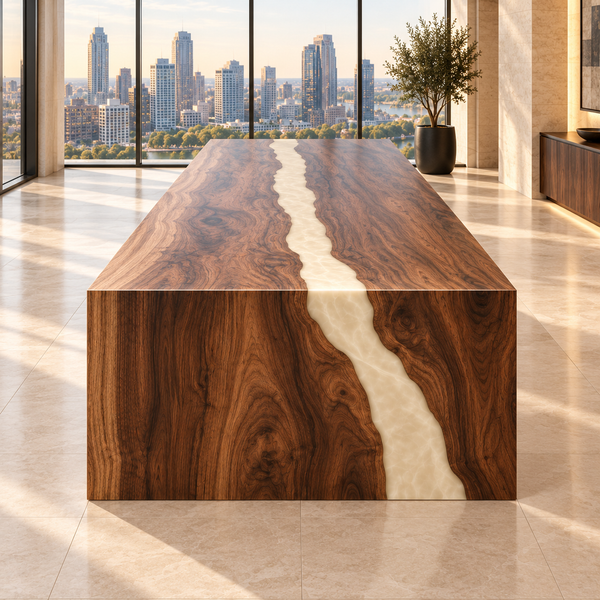 Front view of the Ivorycascade rectangular black walnut conference table with white epoxy.