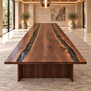 Front view of the Obsidianreach rectangular black walnut conference table with black epoxy.