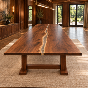 Front view of the Stillwater rectangular walnut conference table with black epoxy.