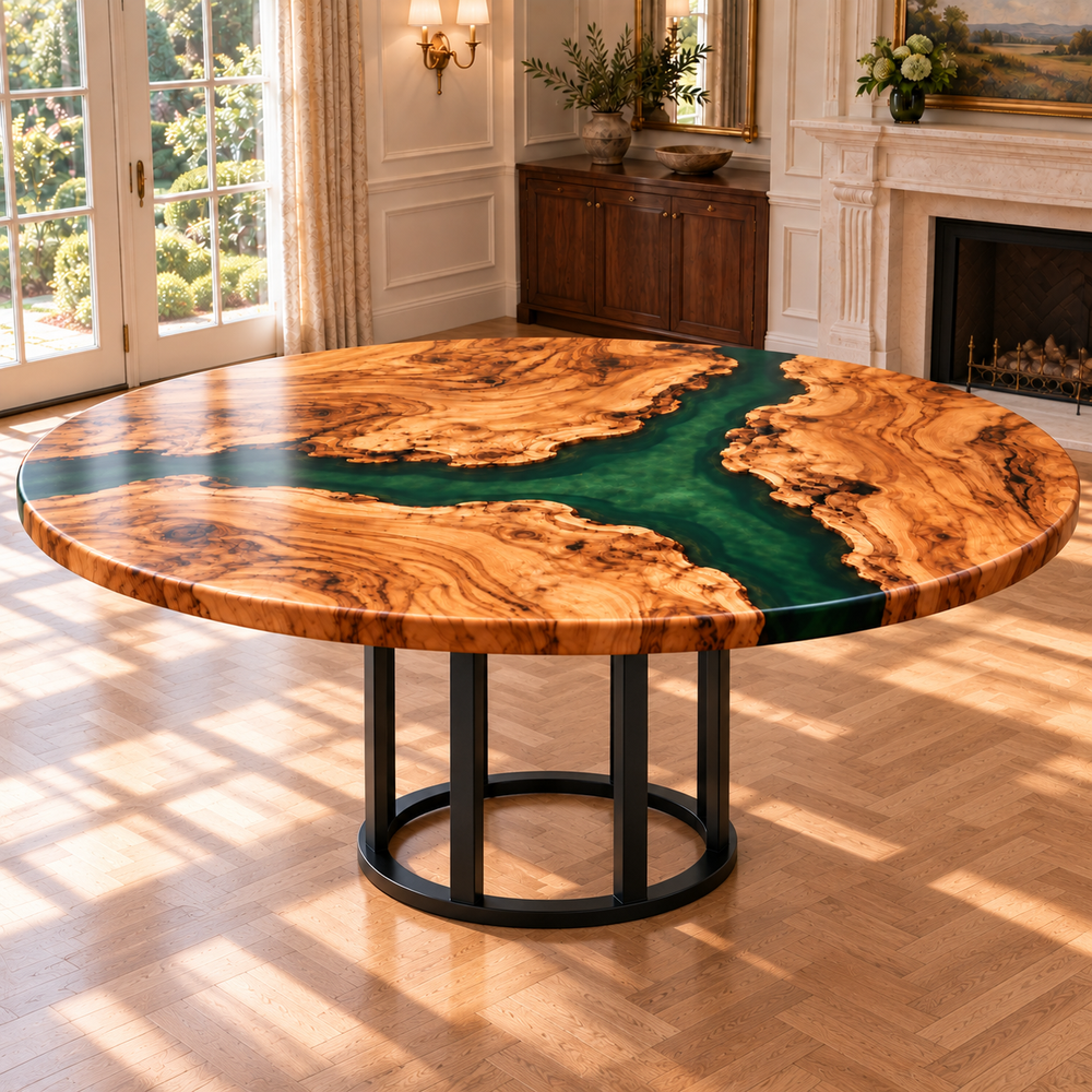 Verdant Isle round olive wood and green epoxy dining table in an American estate dining room.