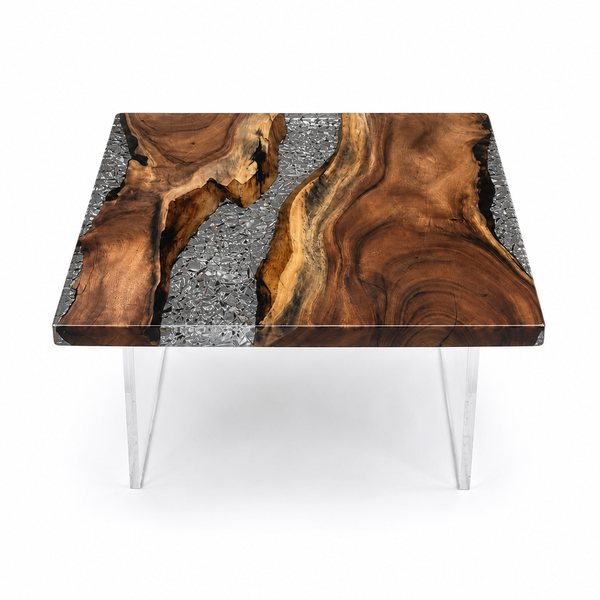 Walnut Crystal Textured Epoxy Resin Side Table