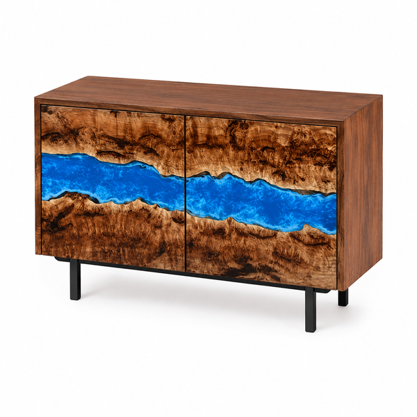 Golden Camphor Burl Blue River Epoxy Resin TV Console