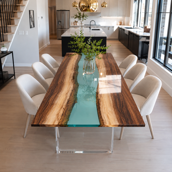 Walnut Live Edge Green River Transparent Epoxy Resin Dining Table