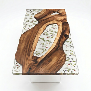 Walnut Wood Floral Inlay Live Edge Epoxy Resin Dining Table