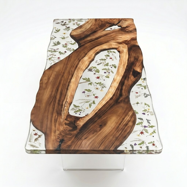 Walnut Wood Floral Inlay Live Edge Epoxy Resin Dining Table
