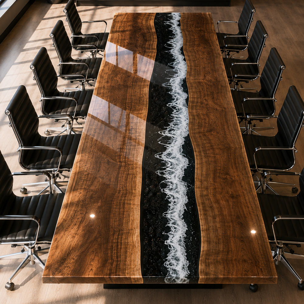 Black Walnut Dark Coastal Pebble Blue Wave Epoxy Resin Conference Table