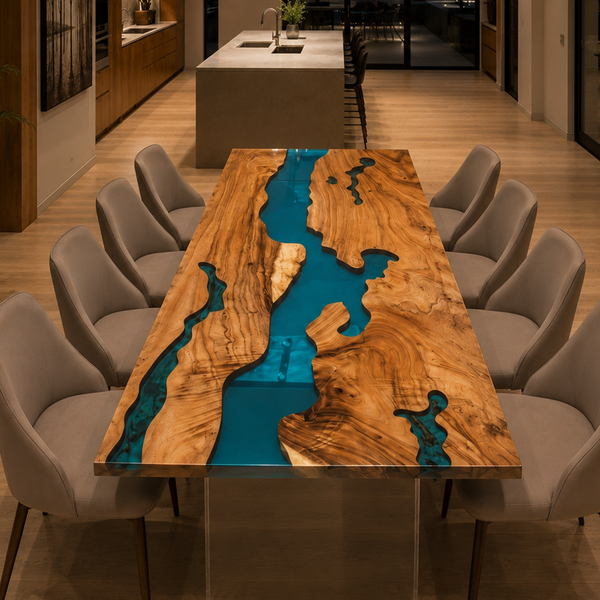 Walnut Premium Architectural Figure Blue River Epoxy Resin Dining Table