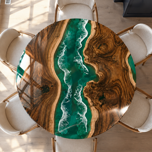 Black Walnut Coastal River Green Wave Epoxy Resin Round Table