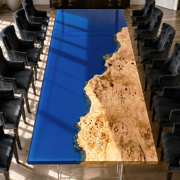 Poplar Burl Azure Seascape Island Epoxy Resin Conference Table