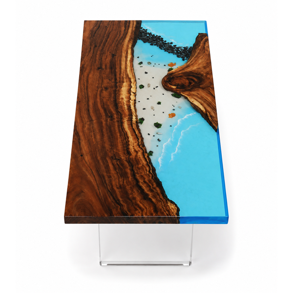71" × 35.5" × 2" Walnut Wood Sea Coast Flow Epoxy Resin Dining Table