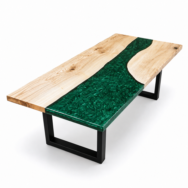 Ash Wood Swirl Green Epoxy Resin Dining Table