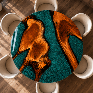 Walnut Tree Ring Crystalline Turquoise Epoxy Resin Round Table