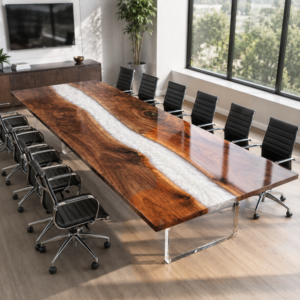 Black Walnut Swirling River White Epoxy Resin Conference Table