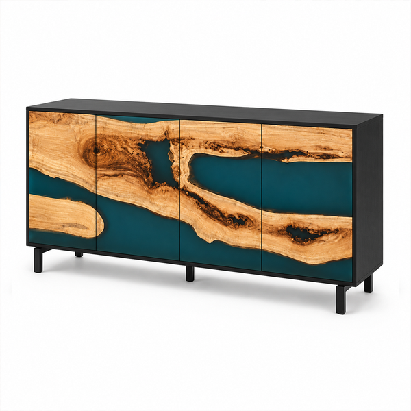 Olive Burl Deep Emerald Stream Epoxy Resin Storage Console