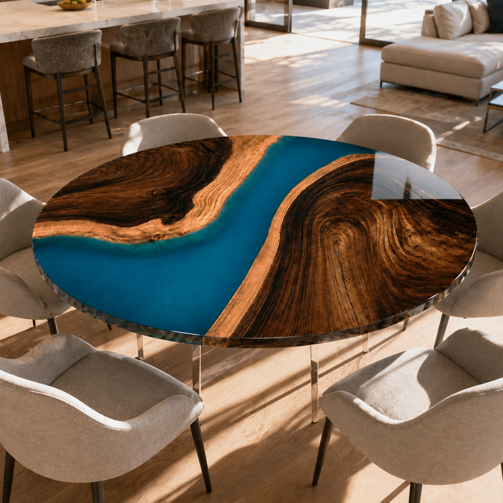 Black Walnut Winding River High-Gloss Blue Epoxy Resin Round Table