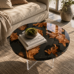 Cunninghamia Burl Black River Archipelago Round Epoxy Resin Coffee Table