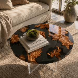 Cunninghamia Burl Black River Archipelago Round Epoxy Resin Coffee Table