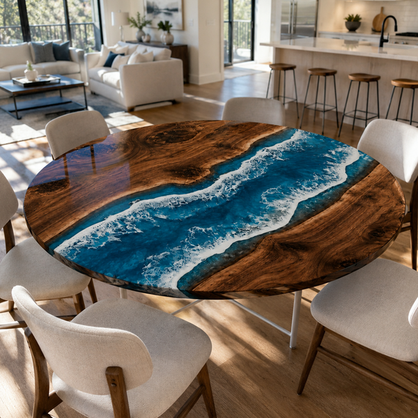 Walnut Seascape Blue Wave Epoxy Resin Round Table