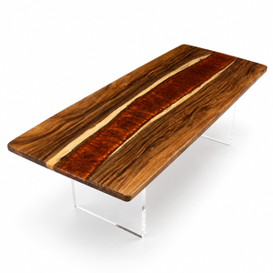 96" × 42" × 2" Walnut Amber Red River Epoxy Resin Dining Table
