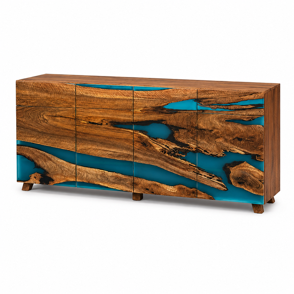 Walnut Ocean Blue River Epoxy Resin Storage Console