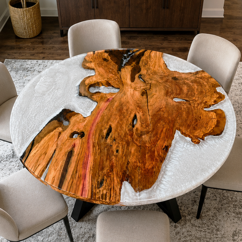 Olive Wood Crystal Round Epoxy Resin Dining Table