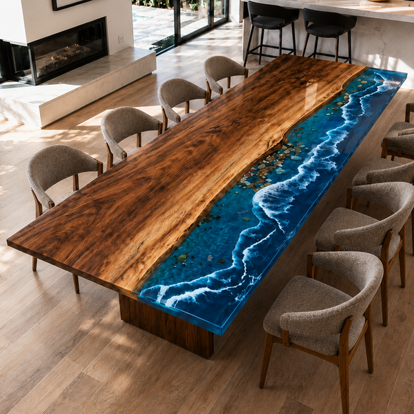 Walnut Island Beachfront Epoxy Resin Dining Table