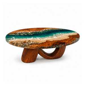 Walnut Wood Oceanic Shoreline Epoxy Resin Oval Coffee Table
