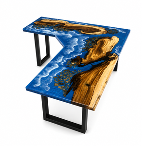 Walnut Ocean Wave L-Shaped Epoxy Resin Desk