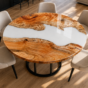 Japanese Beech Natural Organic Wood Form White Epoxy Resin Round Table