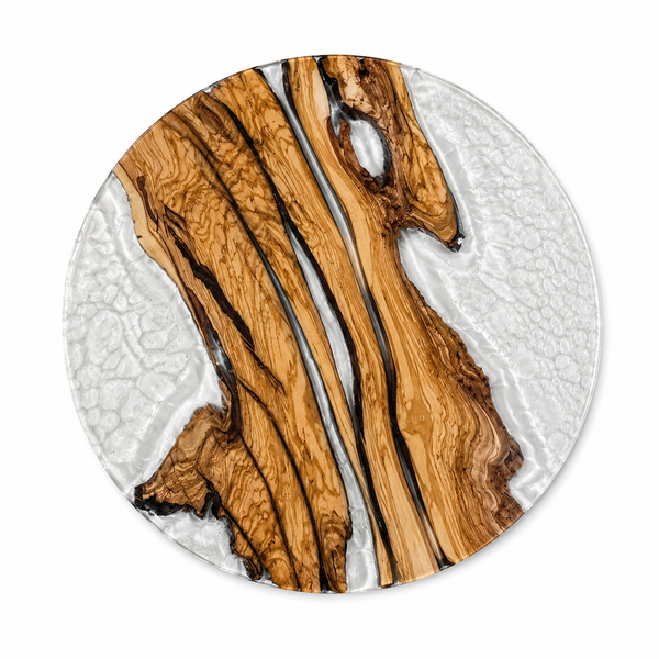 Olive Wood Crystal Tundra Textured Round Epoxy Resin Side Table
