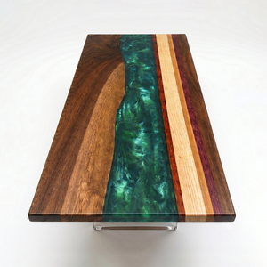 Black Walnut and Mixed Wood Strip Swirling Green Epoxy Resin Dining Table