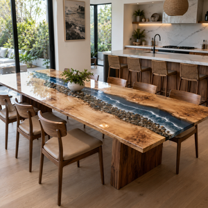 Poplar Burr River Pebble and Wave Epoxy Resin Dining Table