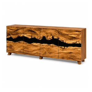 Walnut Wood Black River Inlay Credenza Epoxy Resin Storage