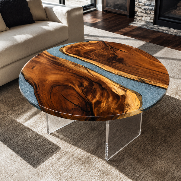 Walnut Glacier Crackle Textured Epoxy Resin Round Coffee Table